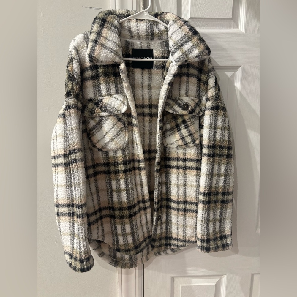 Fashion Nova Cream & Black Plaid Teddy Jacket
